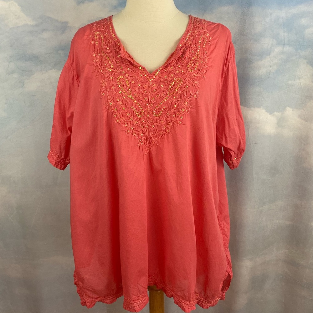Indian Tunic Coral Blouse Sequins & Embroidery 3X